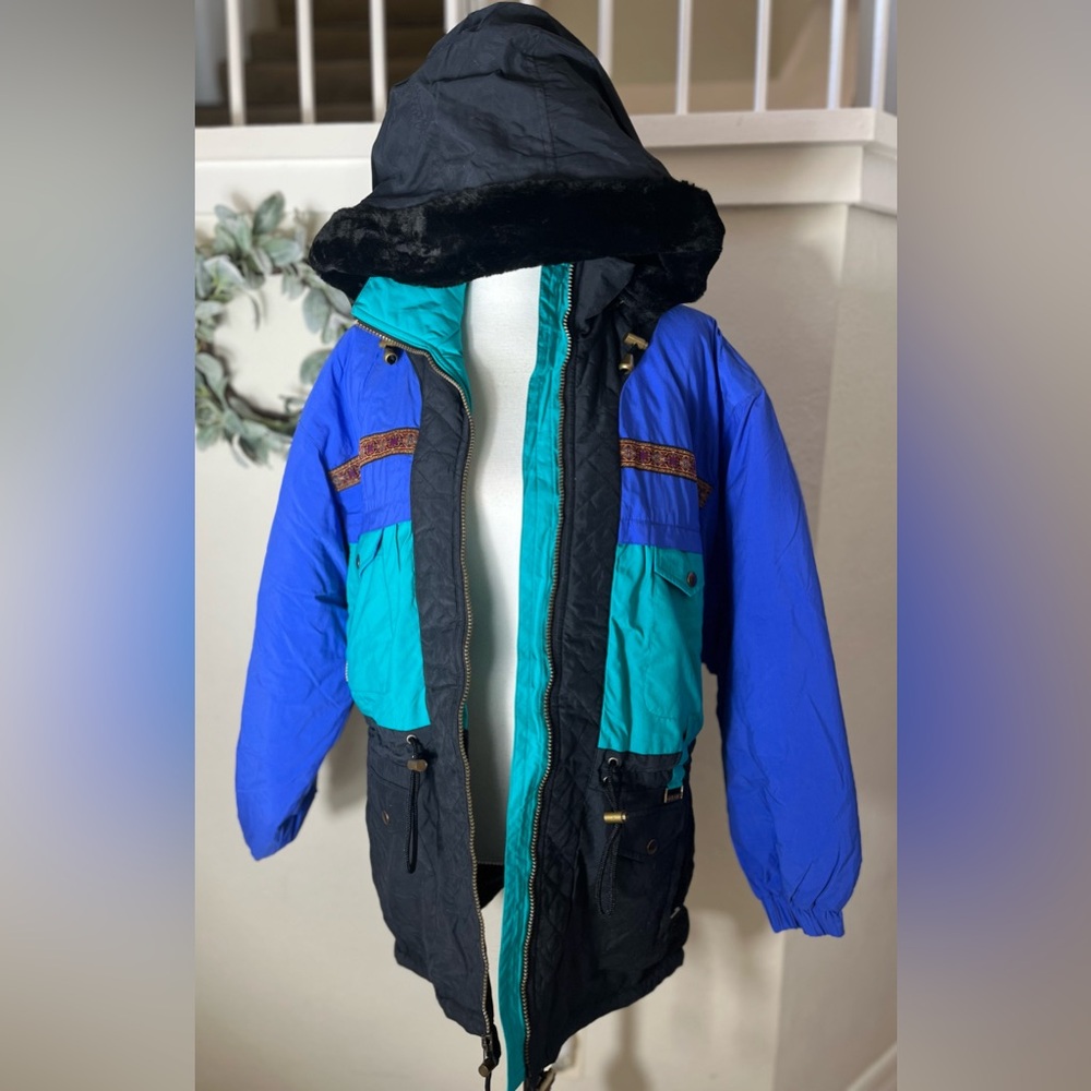 Edelweiss Ski Jacket Women M/L Blue Black Hooded Pockets Vintage Zip Front
